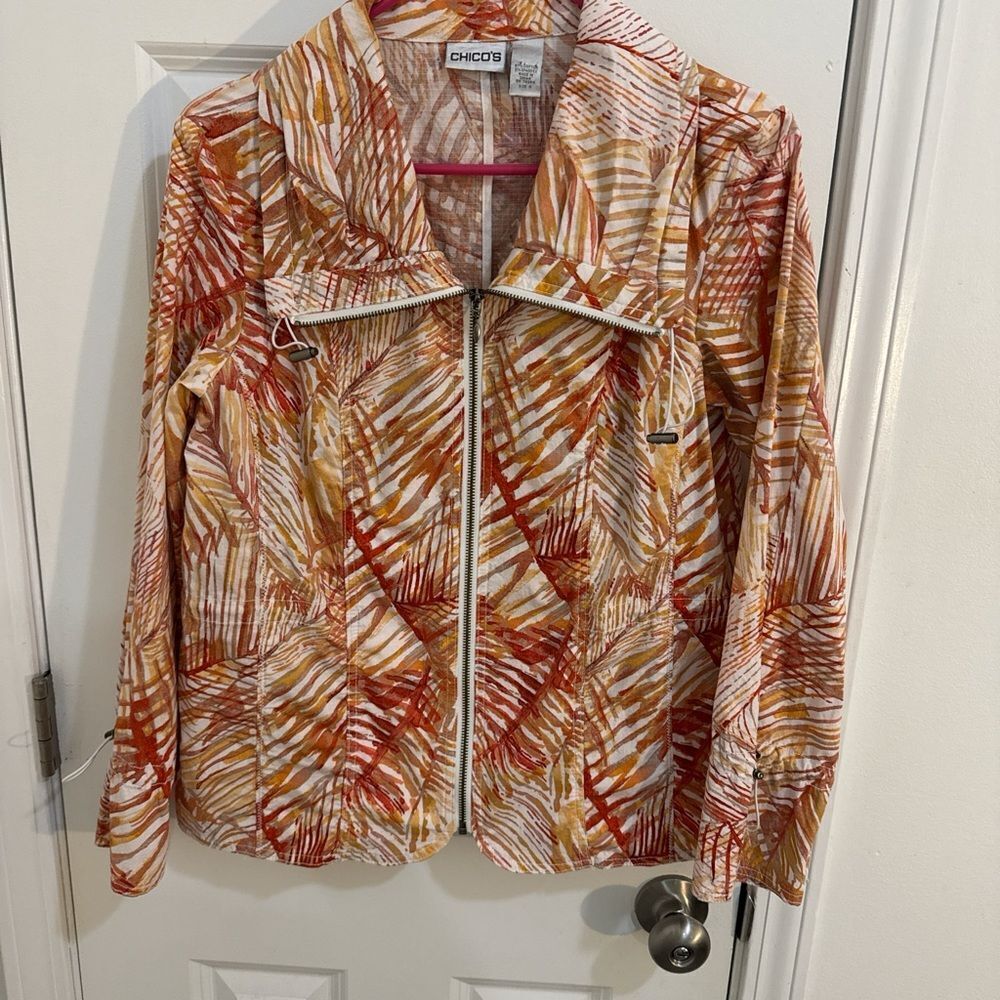Chico's Red and Cream Patterned Utility Jacket .Size 0
